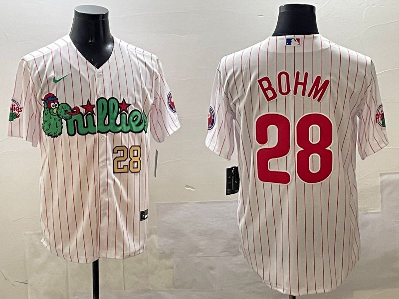 Men Philadelphia Phillies #28 Bohm White Stripe Three generations Joint Name Game 2025 Nike MLB Jersey style 2